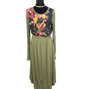 Audrey J Floral Olive Green Long Sleeve Empire Waist Midi Dress with Pockets